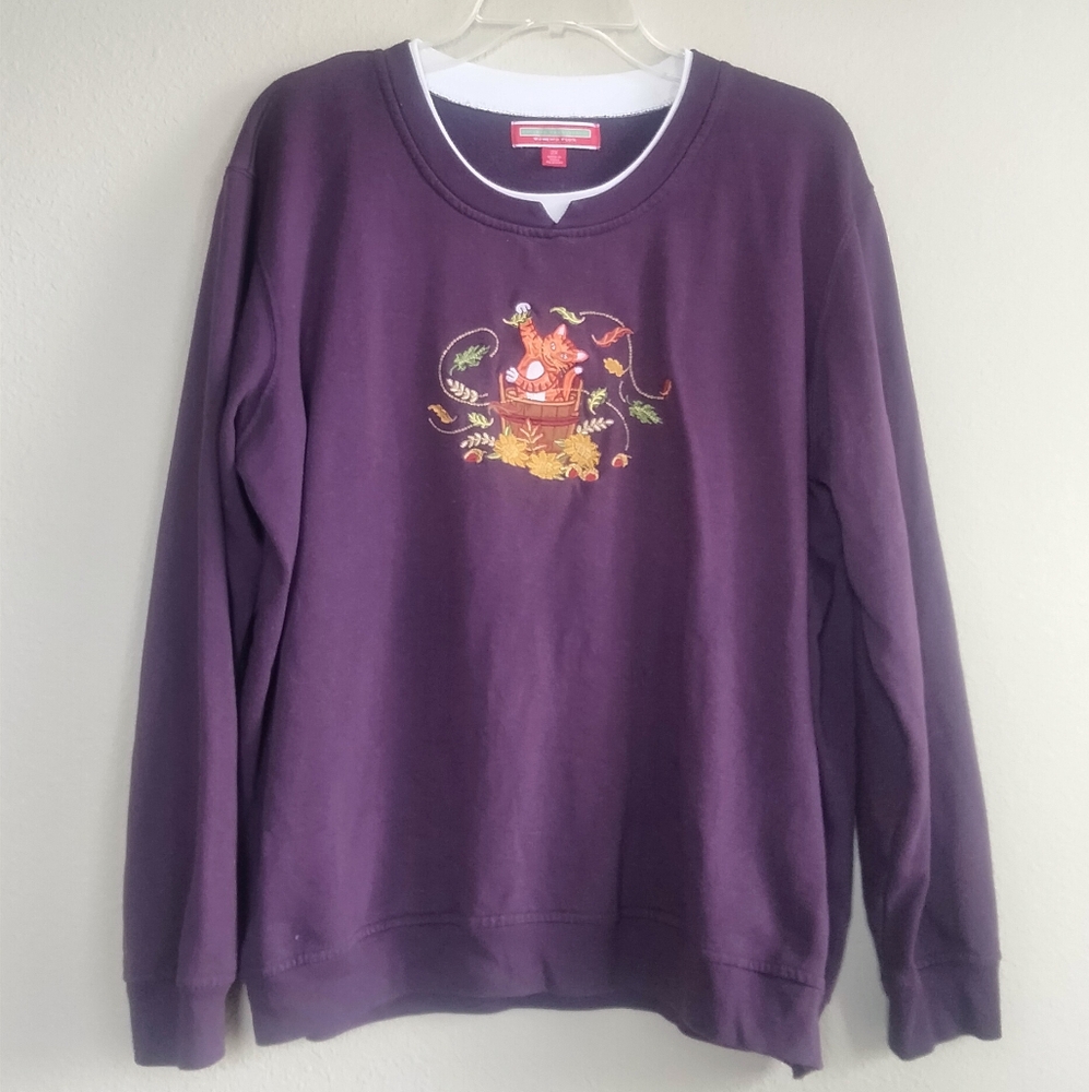 Vintage Purple Embroidered Sweatshirt With Fall Cat In Barrel Playing W/ Leaves